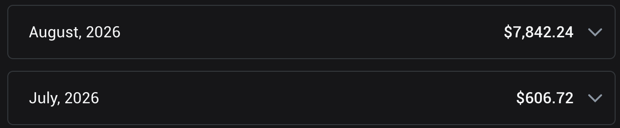 Screenshot of monthly OnlyFans payout history rising from $606.72 to $7,842.24 in a single month